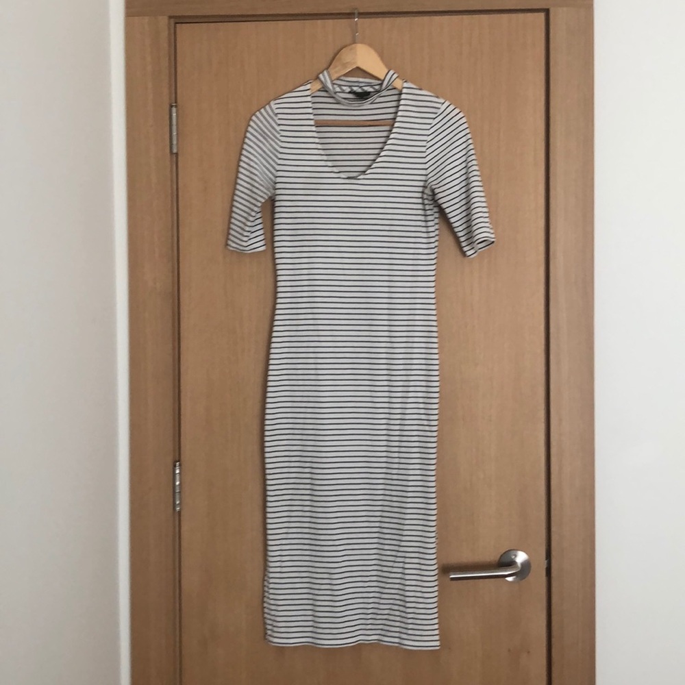 Striped jersey midi dress with neck detail